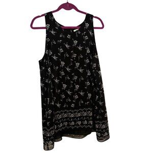 Max Studio Womens Top Tunic Sheer Tank Blouse Size XL Black Grey Floral Print